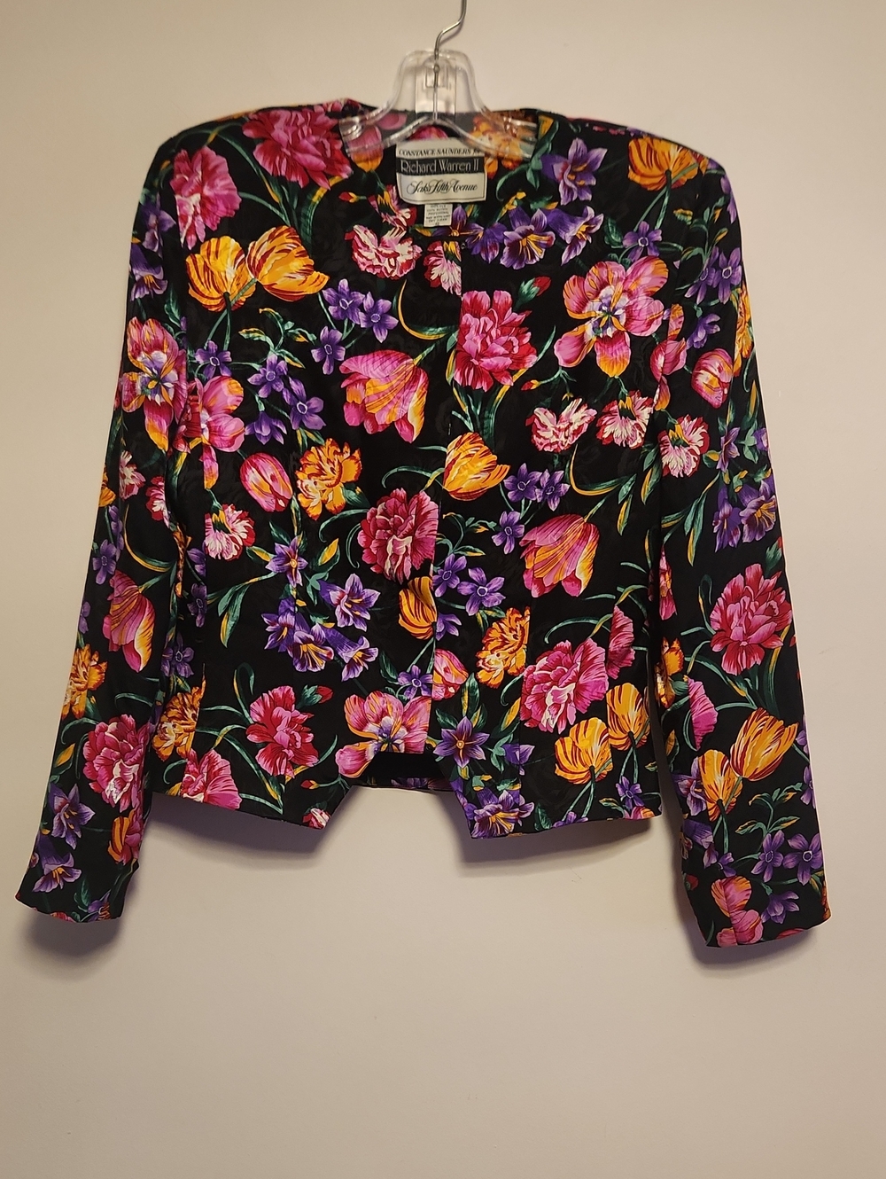 Richard Warren II Saks Fifth Ave Black Silk Floral Cropped Jacket size 12 Vintag